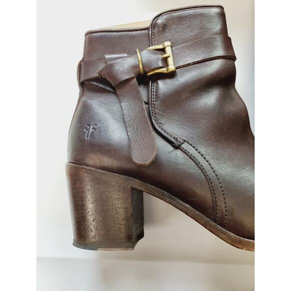 Frye Womens 11 Brown Ankle Boots Malorie Leather Bootie Stacked Heel Buckle - Picture 3 of 11